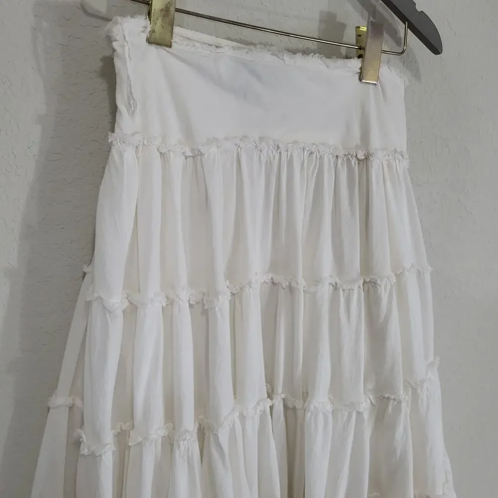 Ing White Tiered Cotton Skirt Size S Ruffle Boho Cottagecore Midi Below Knee - Picture 11 of 12
